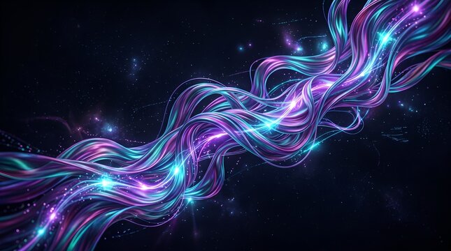 Abstract glowing neon ribbons of light flowing through dark cosmic space with particles