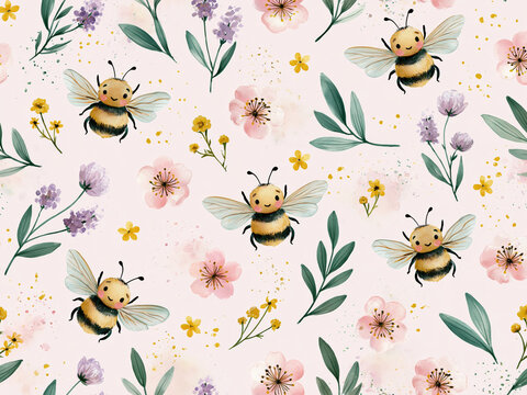 Watercolor seamless pattern with cute bumblebees, pink spring flowers, and green leaves on soft pink background for baby textile.