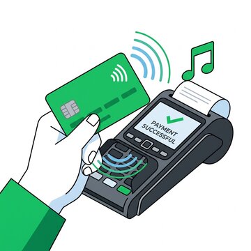 Contactless payment with green credit card and POS terminal. Successful transaction on wireless card reader with NFC technology. Hand using debit card for digital banking and retail checkout.