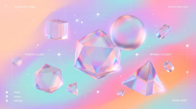 Floating holographic geometric shapes with refractive glass textures in soft pastel gradient background