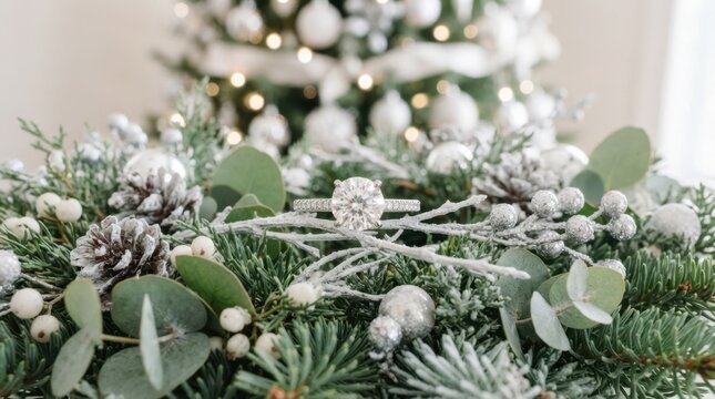 Sparkling diamond ring nestled amongst festive winter greenery and Christmas tree decorations