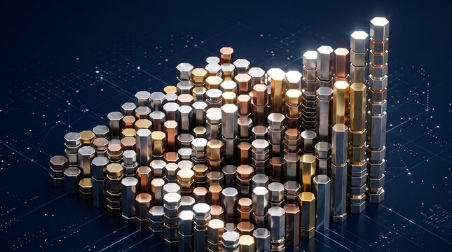 Isometric financial growth bar chart with metallic textures and complex digital network data points