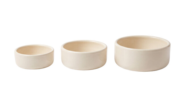 Three cream ceramic pet bowls small medium and large transparent PNG set