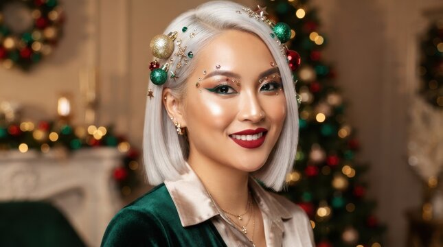 Festive Asian woman with Christmas ornaments in her hair and sparkling makeup