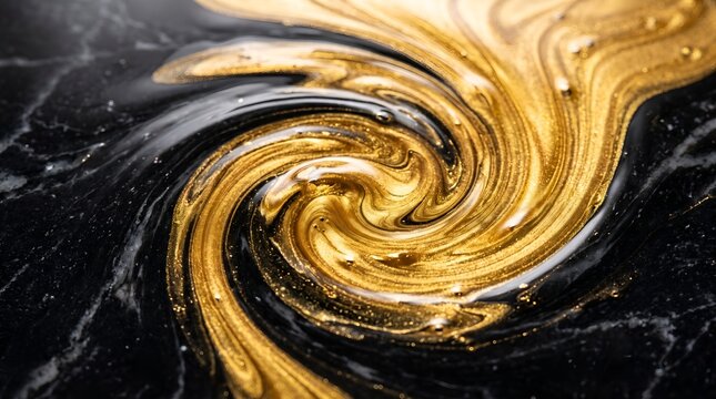 Vibrant golden liquid paint swirling into a vortex on polished black marble stone background