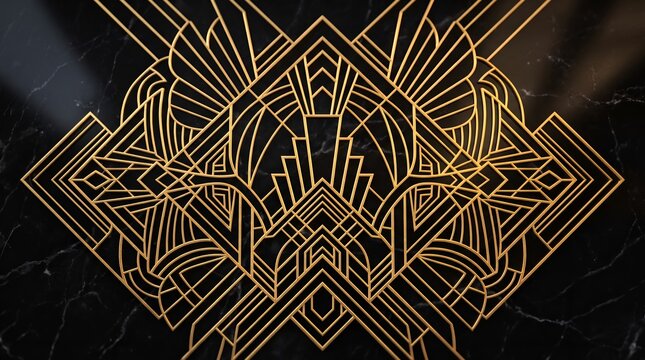 Art deco style golden geometric pattern engraved on dark black marble stone background texture