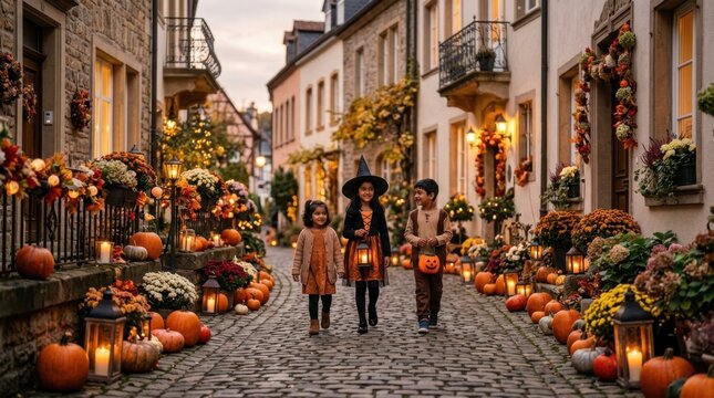 Children in Halloween costumes walk down a decorated cobblestone street at dusk