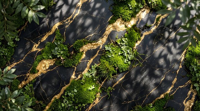 Natural green moss growing over dark black marble stone with golden veins in sunlight forest
