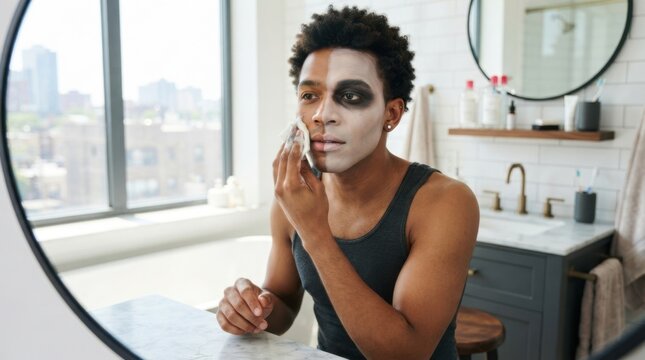 Man with half skull makeup removing it with a cotton pad in a modern bathroom