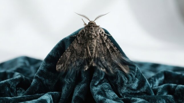 Close-up of a moth resting on teal velvet fabric