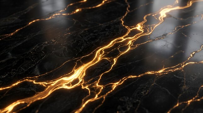Radiant golden liquid light veins pulsing through dark black marble stone floor texture surface