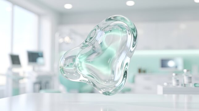 Floating amorphous glass shape in bright sterile clinical medical laboratory environment