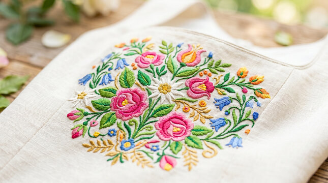 Close up of intricate embroidery on modern dirndl with floral design