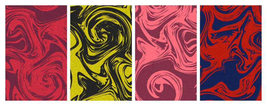Abstract  fluid liquid swirl patterns in red yellow and pink, 4 vector marble effect covers for posters and branding
