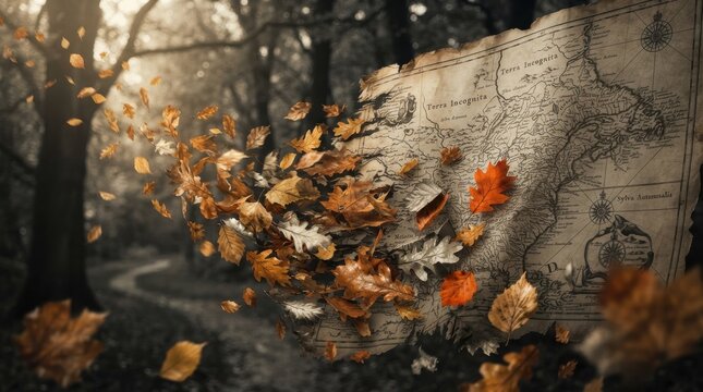 Old treasure map dissolving into autumn leaves in a forest