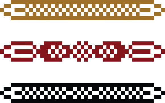 Traditional pixel art border patterns in various colors suitable for retro game design and digital art