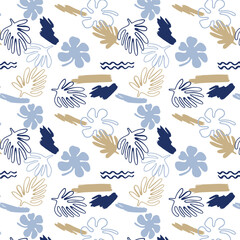 Fototapeta premium Abstract Tropical Leaf Seamless Pattern Featuring Modern Botanical Shapes, Hand Drawn Monstera Leaves, Organic Brush Strokes and Minimal Floral Elements for Fabric, Wallpaper, Textile Prints.