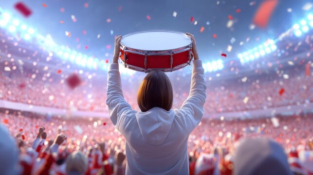 Enthusiastic fan holding drum above head cheering in packed vibrant stadium