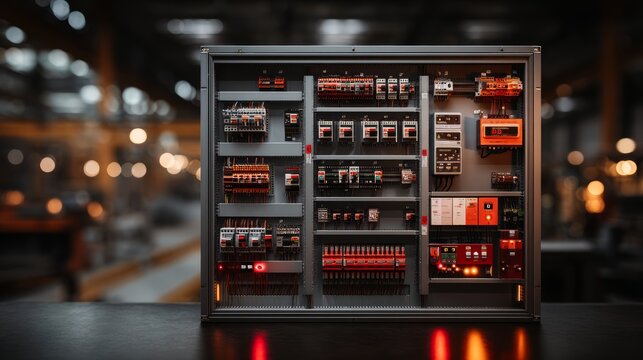 Industrial electrical control panel with circuit breakers and safety devices close-up