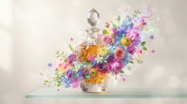 Crystal perfume bottle with flowers and colorful smoke