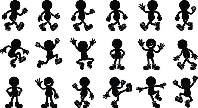 Set of cartoon character silhouettes in various poses including walking, jumping, and waving