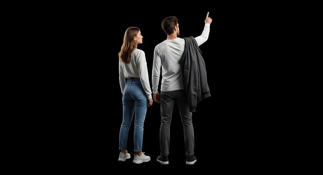 Back View Cutout of a Man Pointing Forward with Jacket and Woman Standing on Black Background