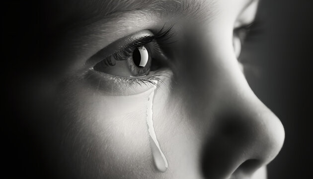 Close up portrait of a young child crying with a single tear on cheek.