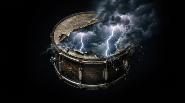 Snare drum with storm clouds and lightning bursting from the center