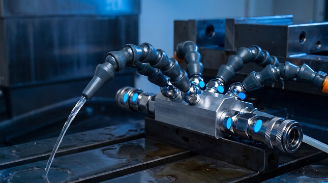 Industrial cnc machine cooling system coolant dispenser for precision metal manufacturing with industrial manufacturing metalwork mechanical machinery precision technical engineering