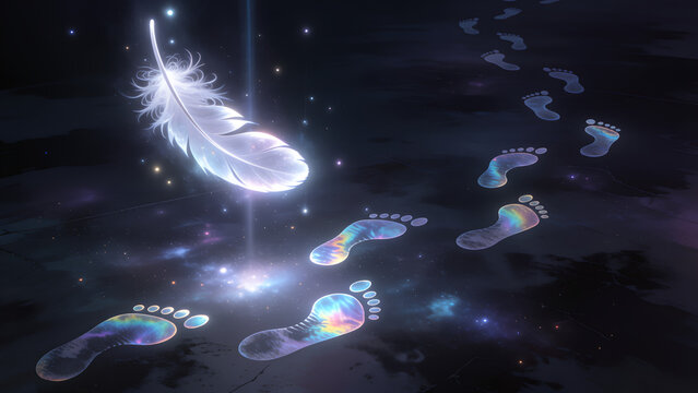 A glowing ethereal feather floating above a trail of shimmering magical footprints in the dark.