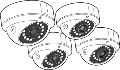 Four dome style security surveillance cameras arranged in a group, isolated on a white background, black and white line © Template store 
