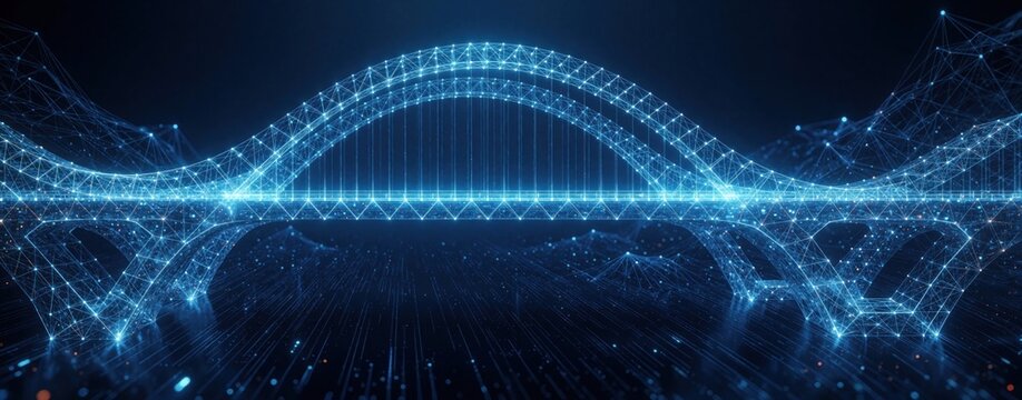 Futuristic bridge made of blue digital light nodes connects dark space. Glowing tech lines form intricate structure over data landscape. Cybernetic arch links virtual points across abstract field.