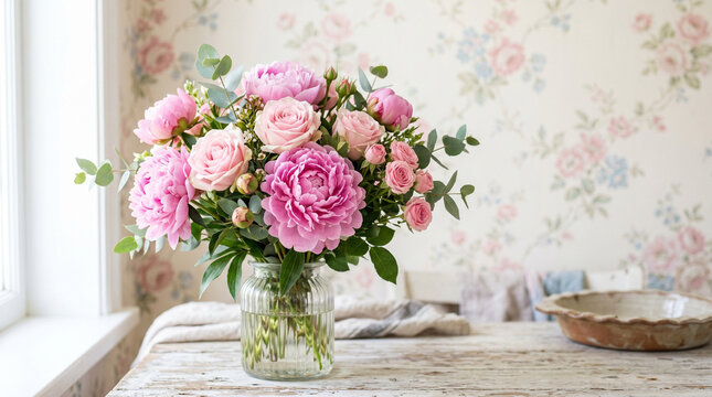 Bouquet of peonies and roses on vintage wallpaper background