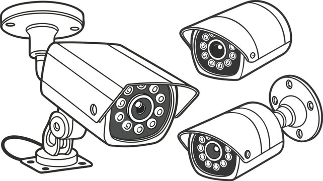 Three bullet-style outdoor security cameras with infrared le ds, rendered in a clean black and white line style on a white background