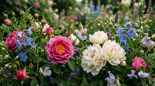 Lush floral border with pink roses, peonies, delphiniums and lavender in bloom