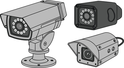 Three different security surveillance cameras including bullet and dome styles, isolated on a white background, black and white © Template store 