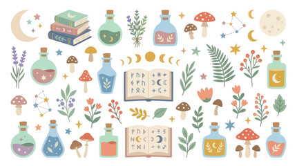 Botanical magic pattern with mushrooms and potions. © diki