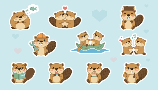 Large collection of cute cartoon beaver stickers demonstrating various activities on a light blue background.