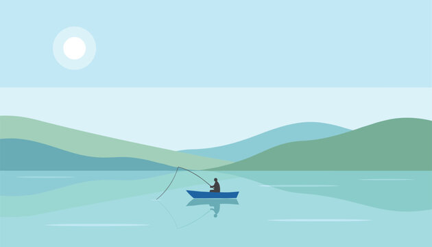 Peaceful landscape of a fisherman in a small blue boat angling on a calm lake surrounded by soft green hills.