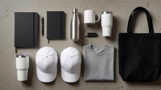 Flat lay of corporate branding items on concrete surface. Set includes black notebooks, metal water bottle, white mugs, tumbler, usb drive, caps, grey t-shirt, tote bag. Business merchandise mockup