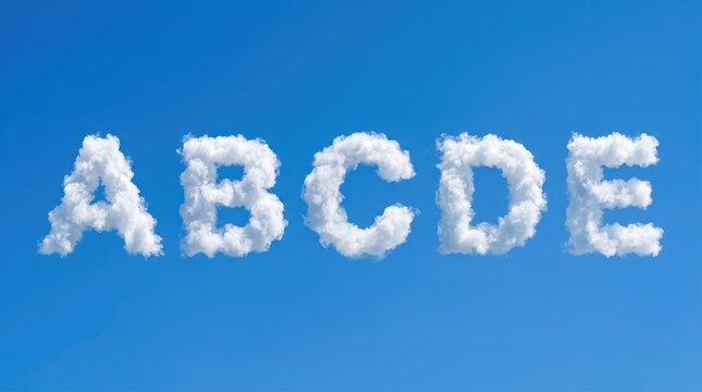 White fluffy cloud letters forming abcde against bright blue sky for educational and creative design projects