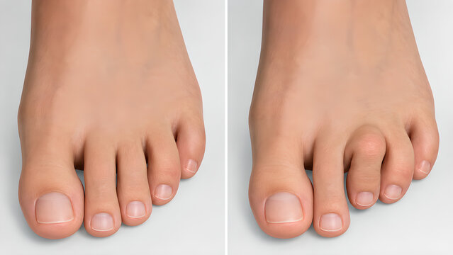 Hammer toe comparison medical illustration showing normal toe anatomy versus curled toe deformity on a clean clinical background for podiatry, healthcare education, and patient information use