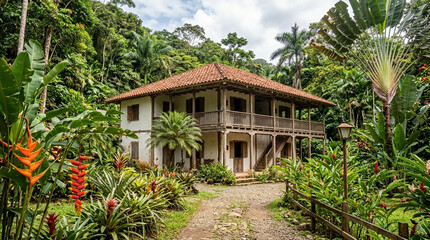 Fototapeta premium Traditional Tropical House Surrounded by Lush Rainforest and Exotic Flora