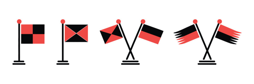 Flag icon set, black and red waving pennant symbols, sport camp, university and varsity club flags, isolated on transparent background, vector illustration.