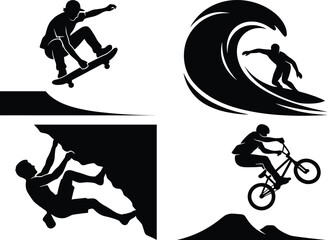 Fototapeta premium Extreme sports silhouette collection featuring a skateboarder, surfer, rock climber, and BMX mountain biker in action.