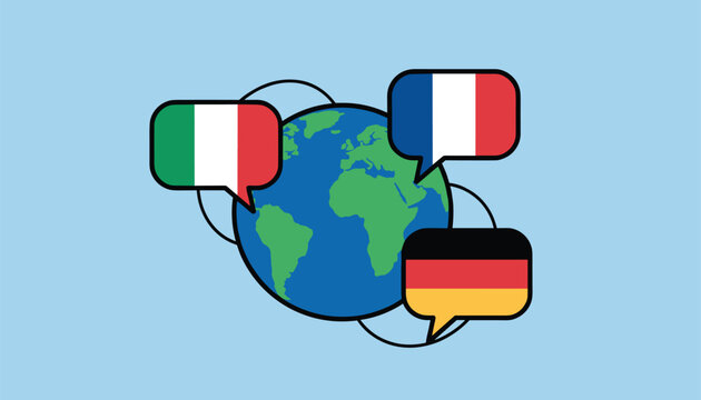 Globe surrounded by speech bubbles with flags of Italy, France, and Germany, symbolizing European language learning.