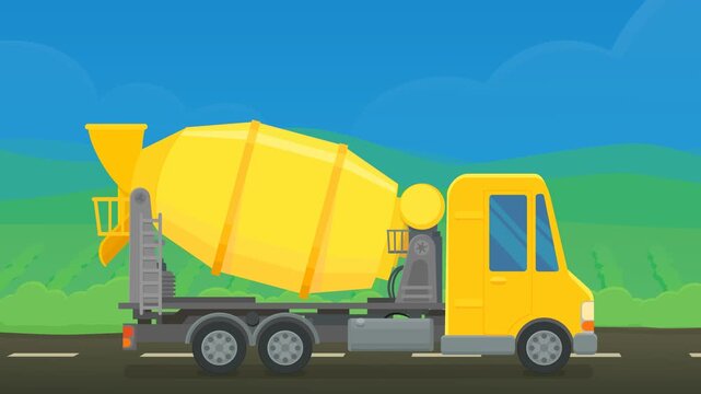 Animated concrete mixer truck driving on road representing construction industry, building development, and heavy transport. (loopable)