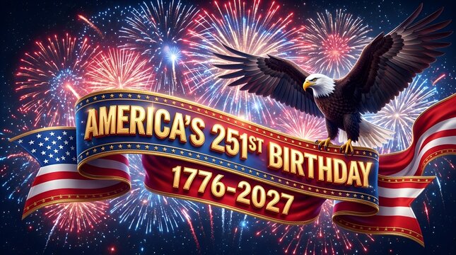 America's 251st Birthday Celebration Background with Bald Eagle, American Flag Ribbons, and Fireworks Display (1776-2027)