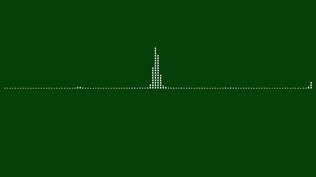 Dynamic audio waveform visualization with glowing white equalizer lines, digital sound analyzer animation, on dark green screen background, seamless frequency spectrum loop for projects 4K video.