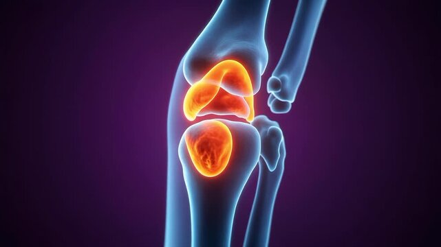 Close up 3d animation of glowing human knee joint pain. 4K Video